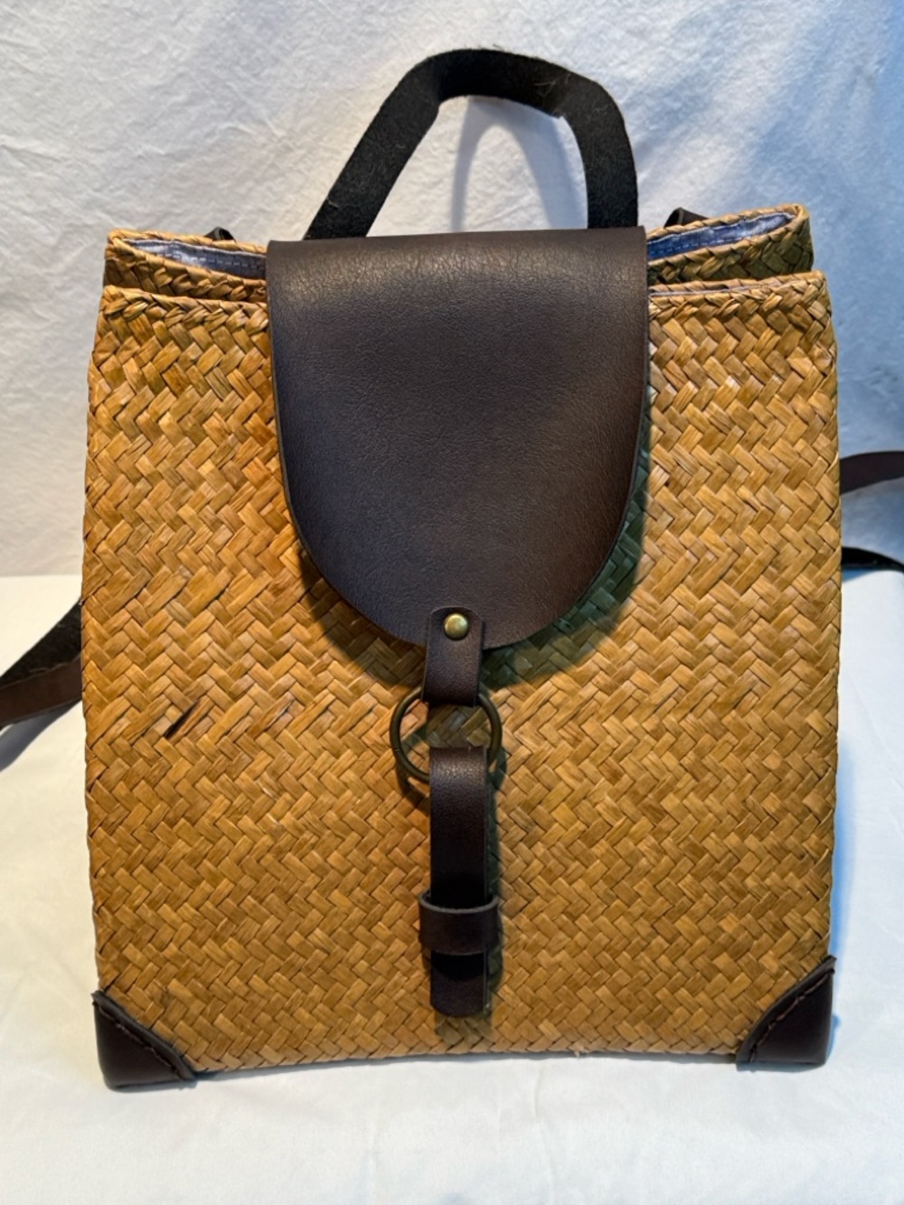 Woven Straw Backpack with Dark Brown Leather Accents
